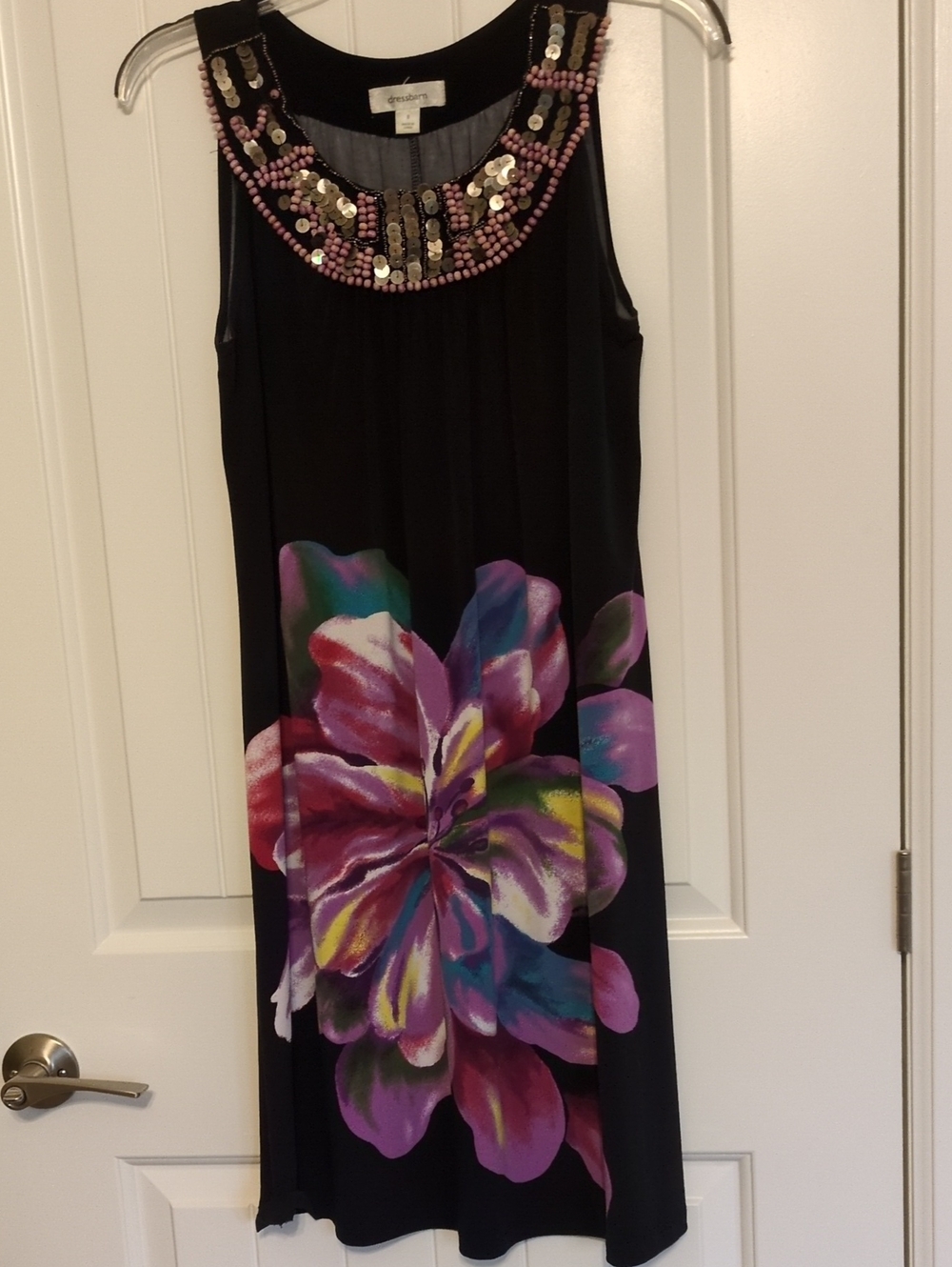 Dress Barn Black Midi Dress with Beaded Neckline and Multicolor Floral